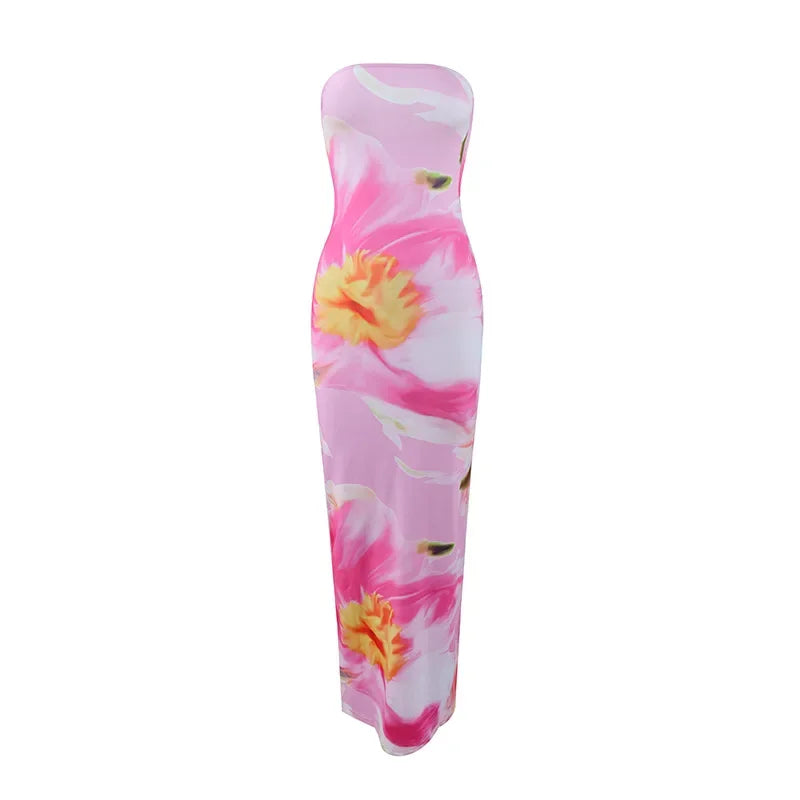Women's Fashion Sexy Flower Print Strapless Long Dress .