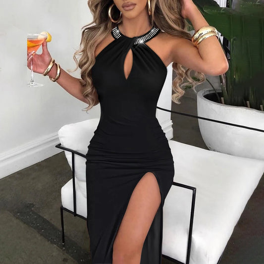 Halter Backless Black Women's Spring Summer Dress.