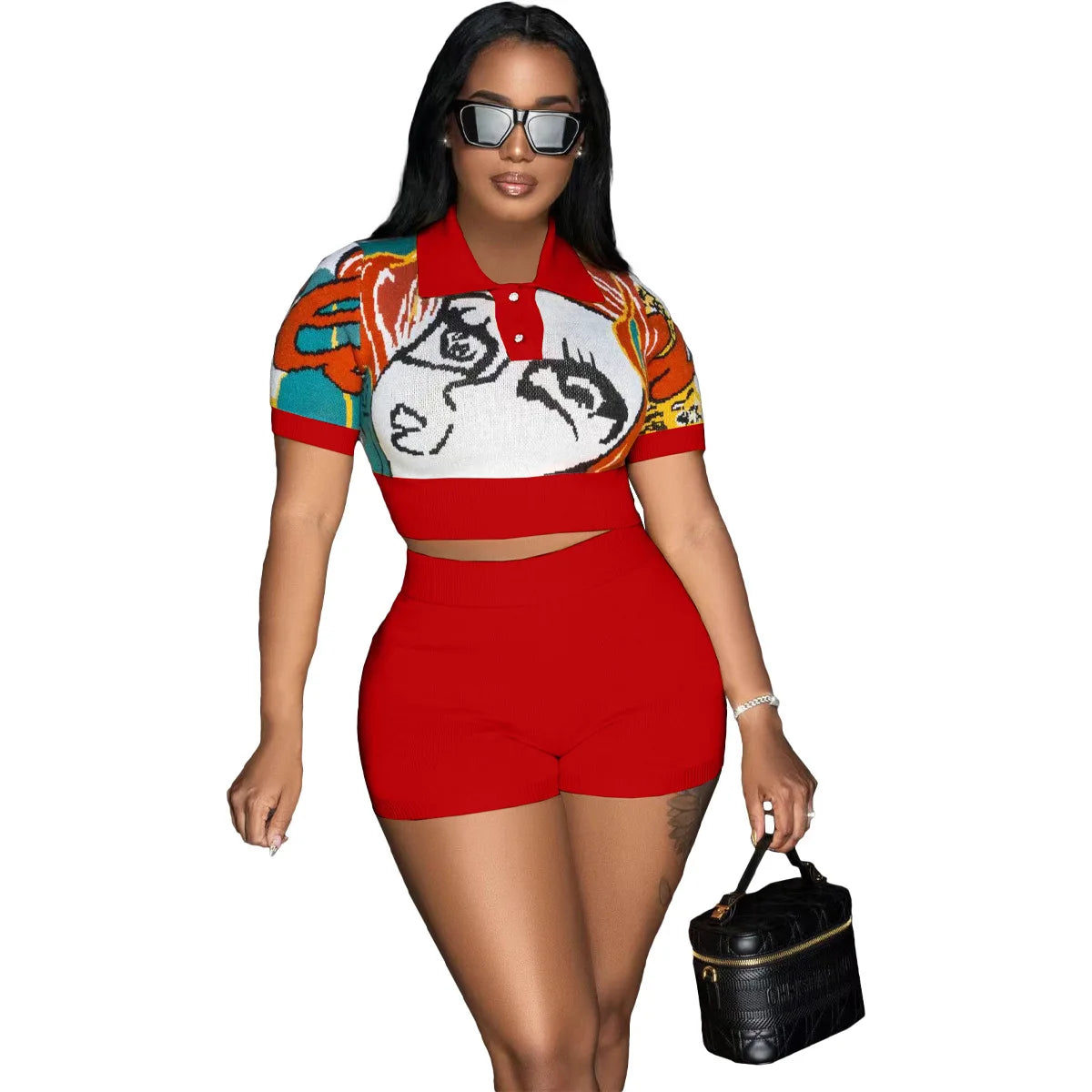 Prowow Fashion Two Piece Women's Suits Print Knitted .