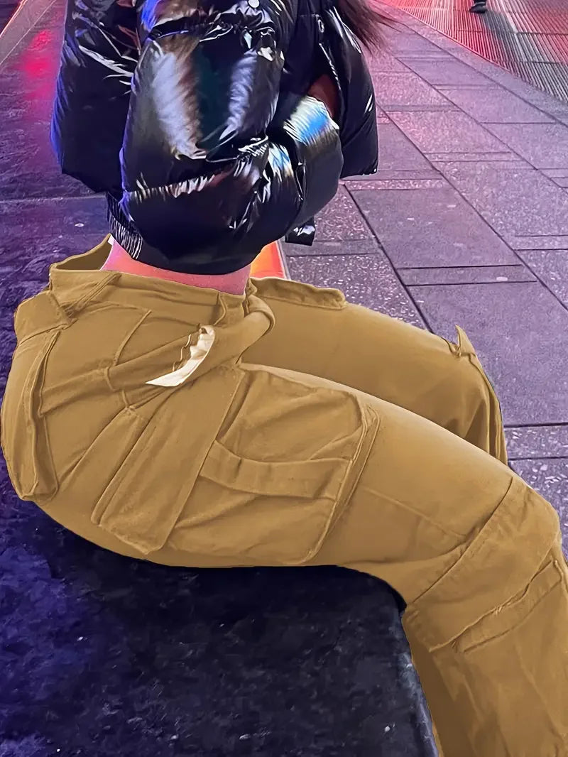 Women Street Trend Multi-pocket Cargo Jeans .