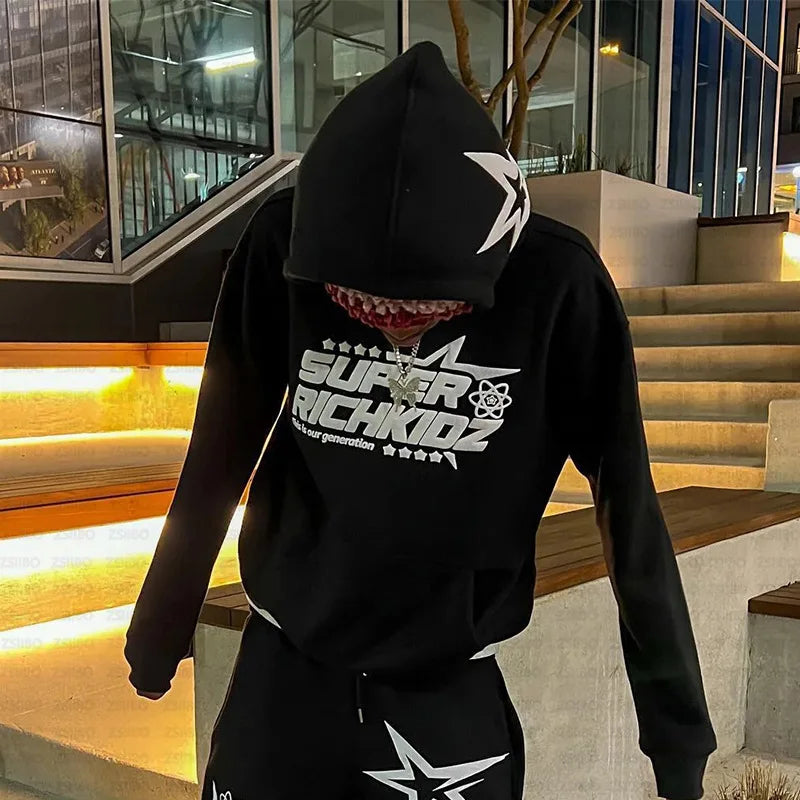 Y2K Aesthetics Retro Black Foam Print Pattern Hoodie.