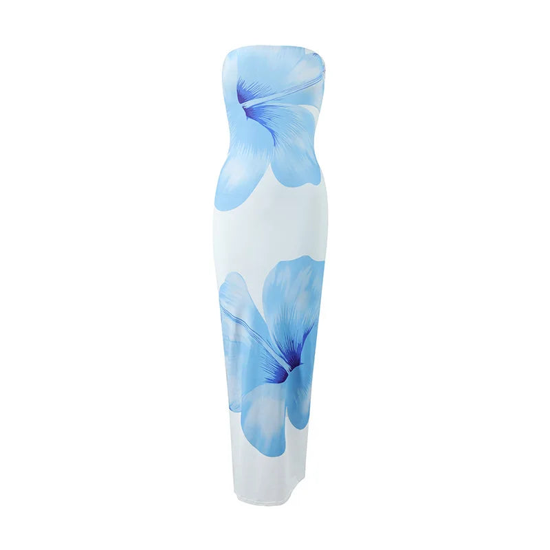 Women's Fashion Sexy Flower Print Strapless Long Dress .