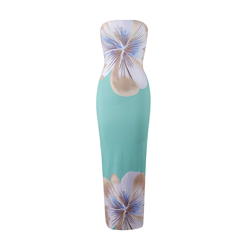 Women's Fashion Sexy Flower Print Strapless Long Dress .