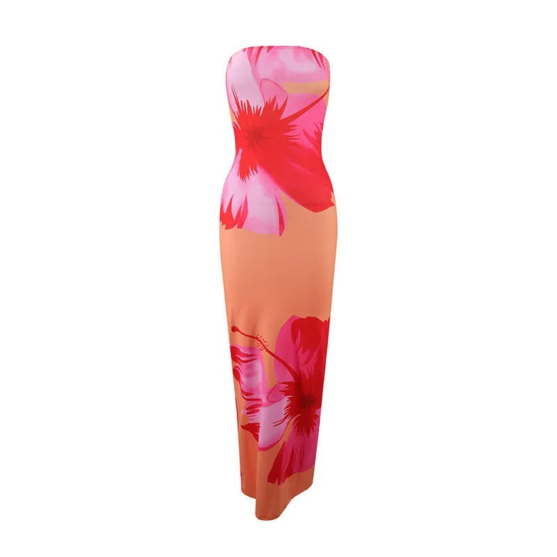 Women's Fashion Sexy Flower Print Strapless Long Dress .
