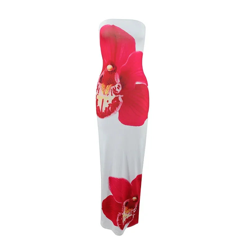 Women's Fashion Sexy Flower Print Strapless Long Dress .