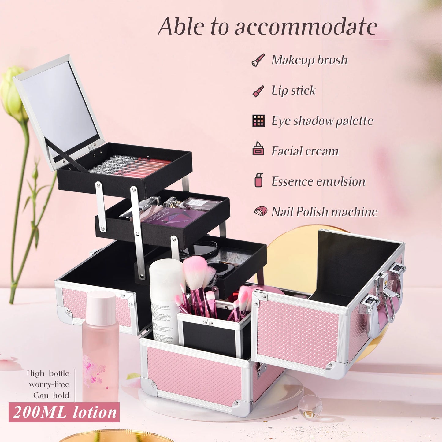 Professional Makeup Suitcase Portable Holder Mirror Lockable.