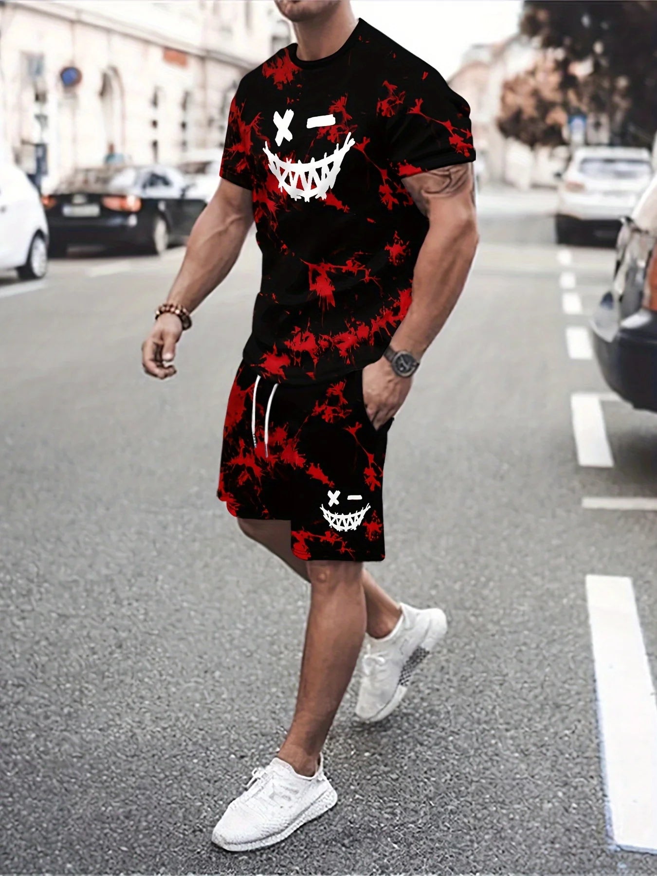 Men's trendy round neck sleeved shorts .