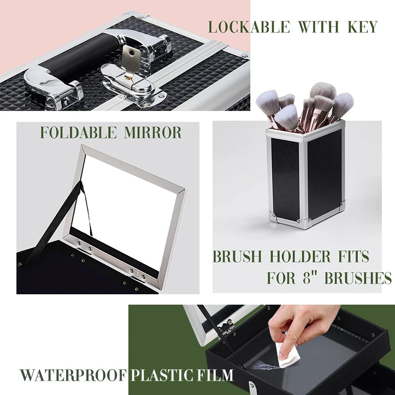 Professional Makeup Suitcase Portable Holder Mirror Lockable.