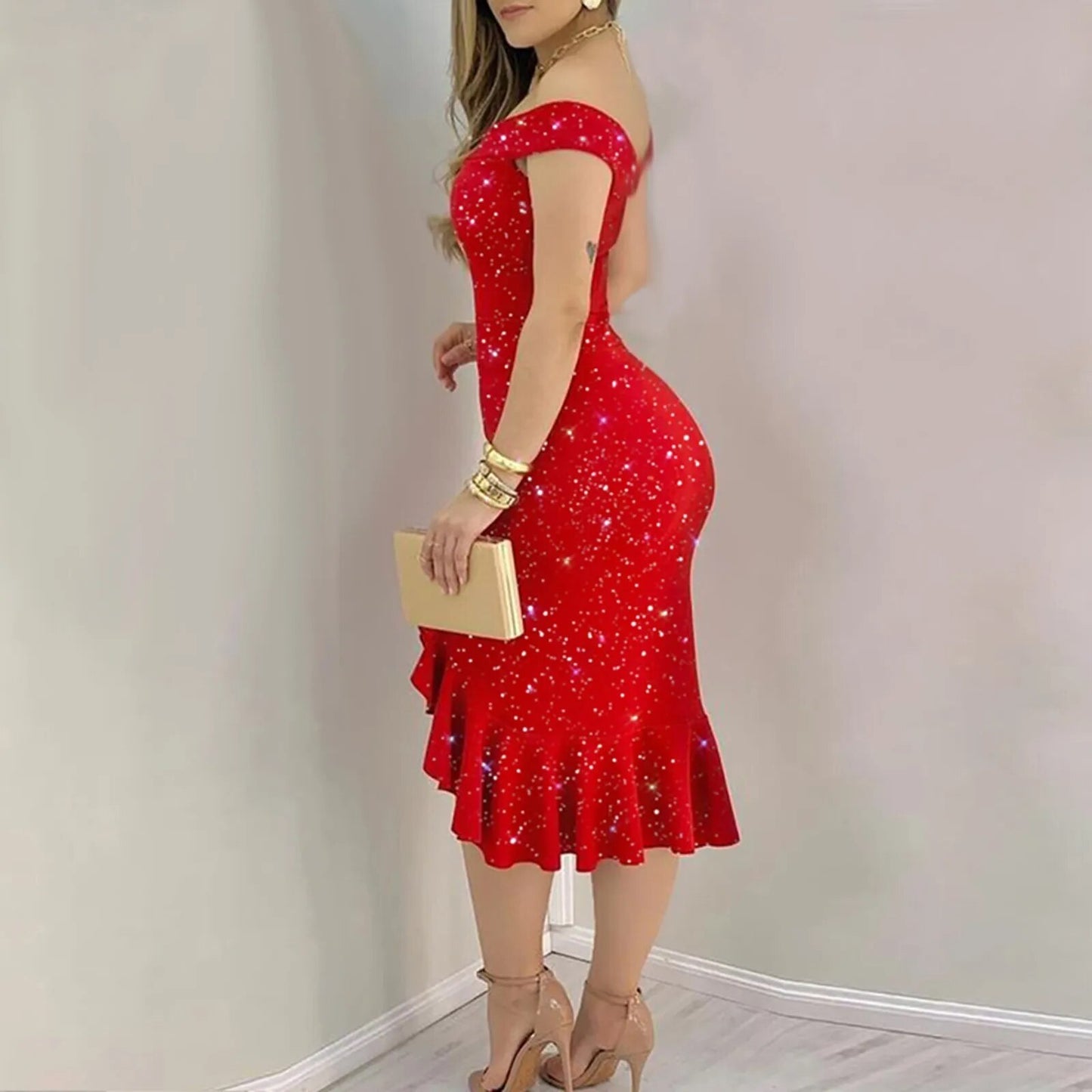 Women's Off Shoulder Short Sleeve Sequin Ruffle Dress.