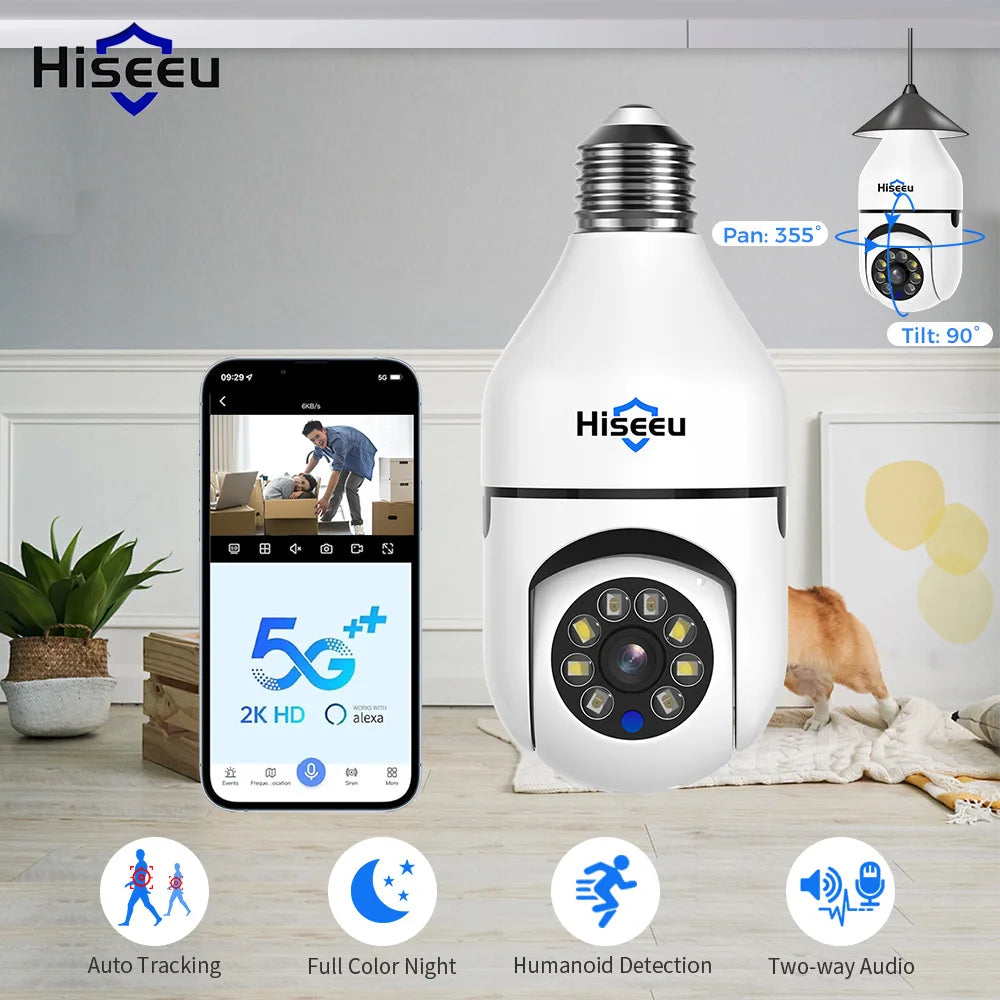 Hiseeu 3MP Wifi PTZ IP Camera E27 Light Bulb.