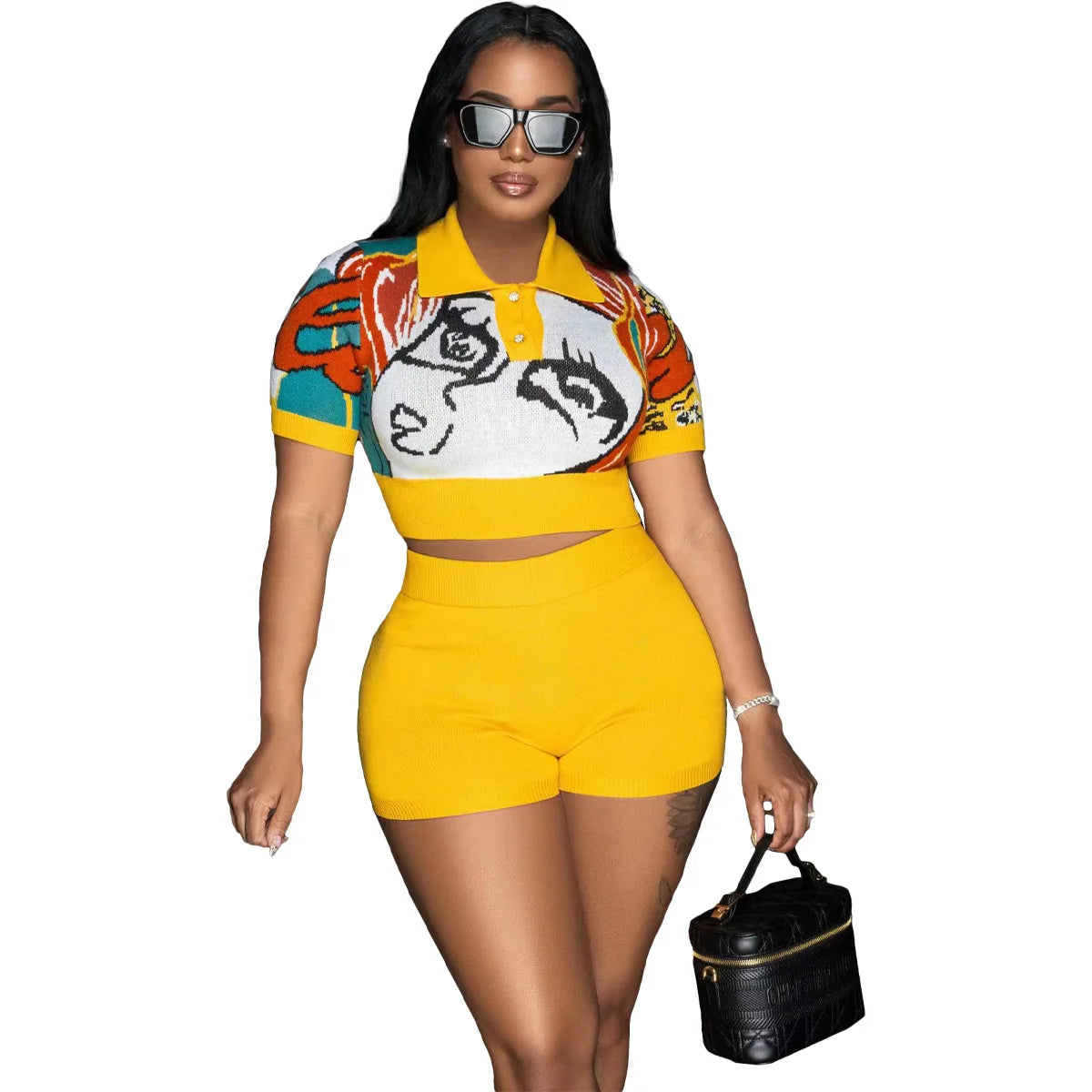 Prowow Fashion Two Piece Women's Suits Print Knitted .