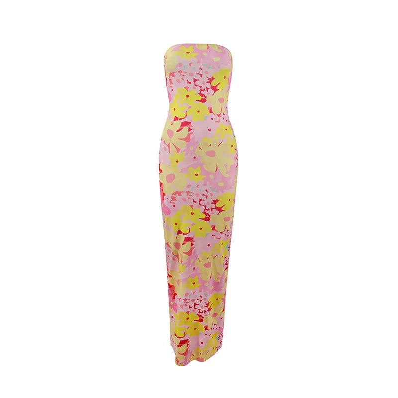 Women's Fashion Sexy Flower Print Strapless Long Dress .