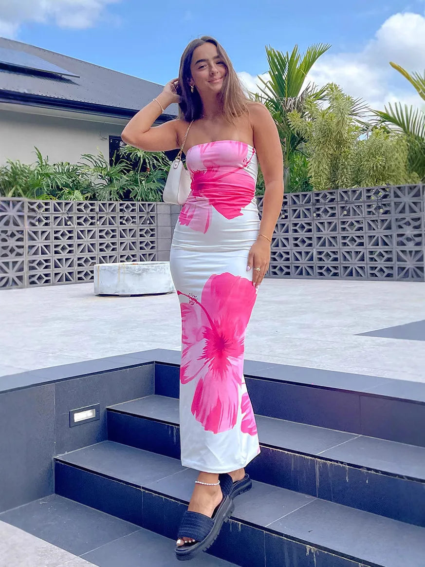 Women's Fashion Sexy Flower Print Strapless Long Dress .