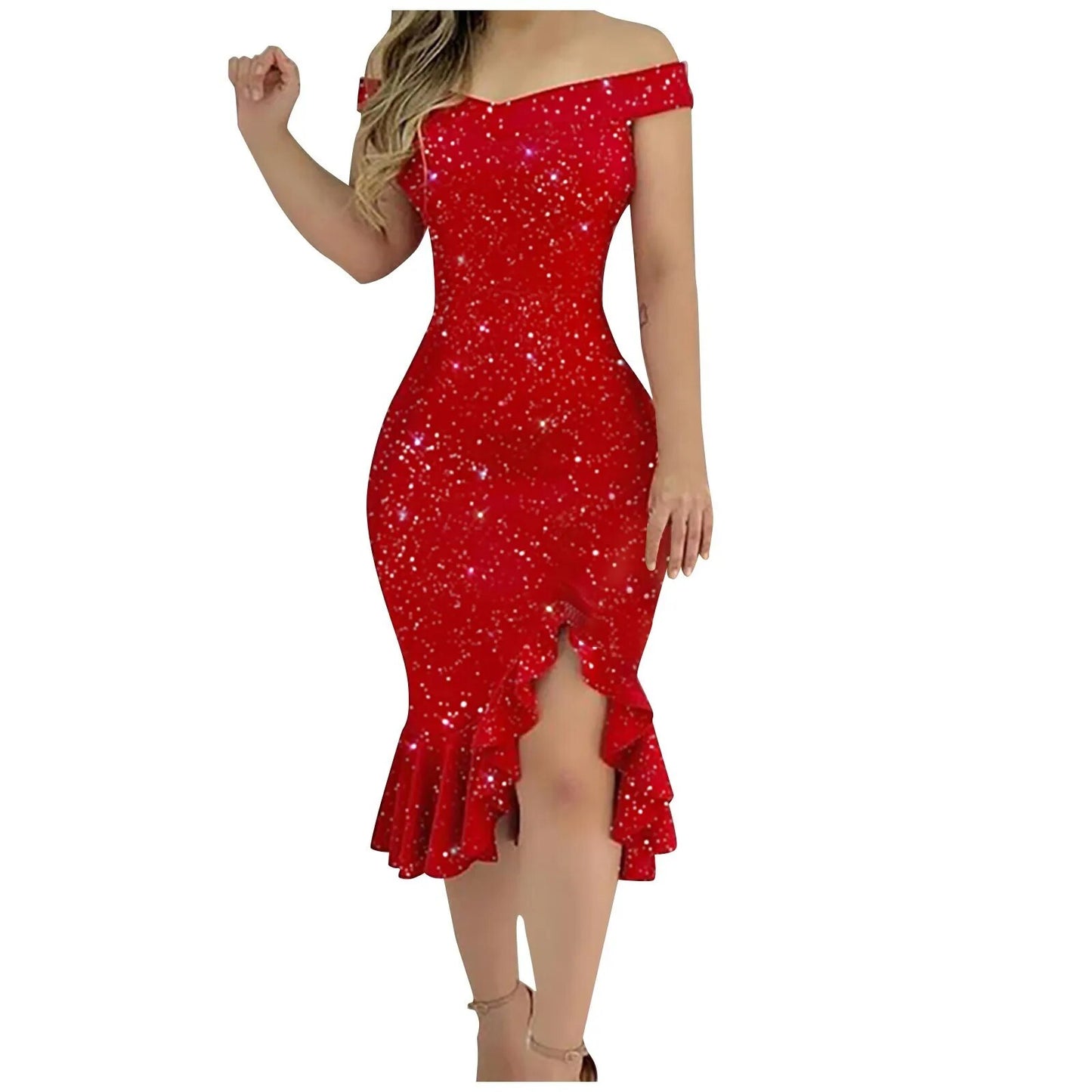 Women's Off Shoulder Short Sleeve Sequin Ruffle Dress.