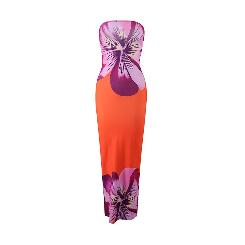 Women's Fashion Sexy Flower Print Strapless Long Dress .