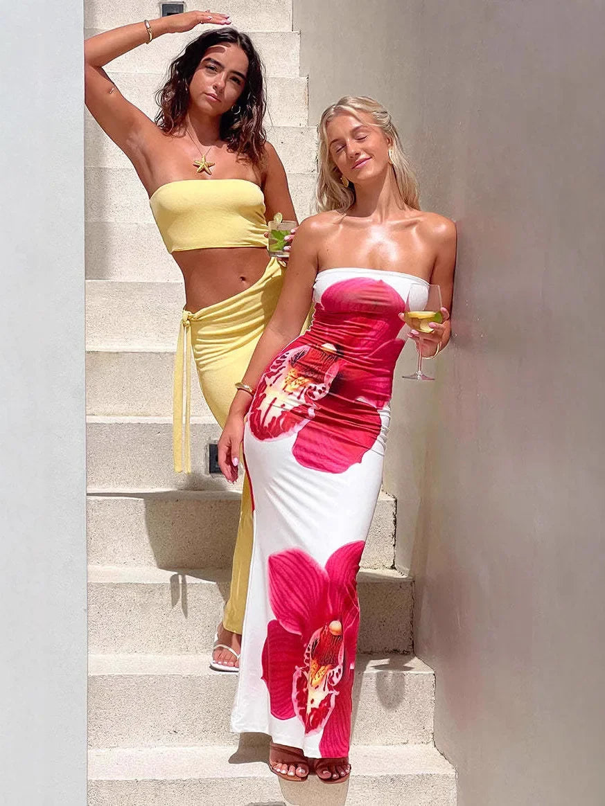Women's Fashion Sexy Flower Print Strapless Long Dress .