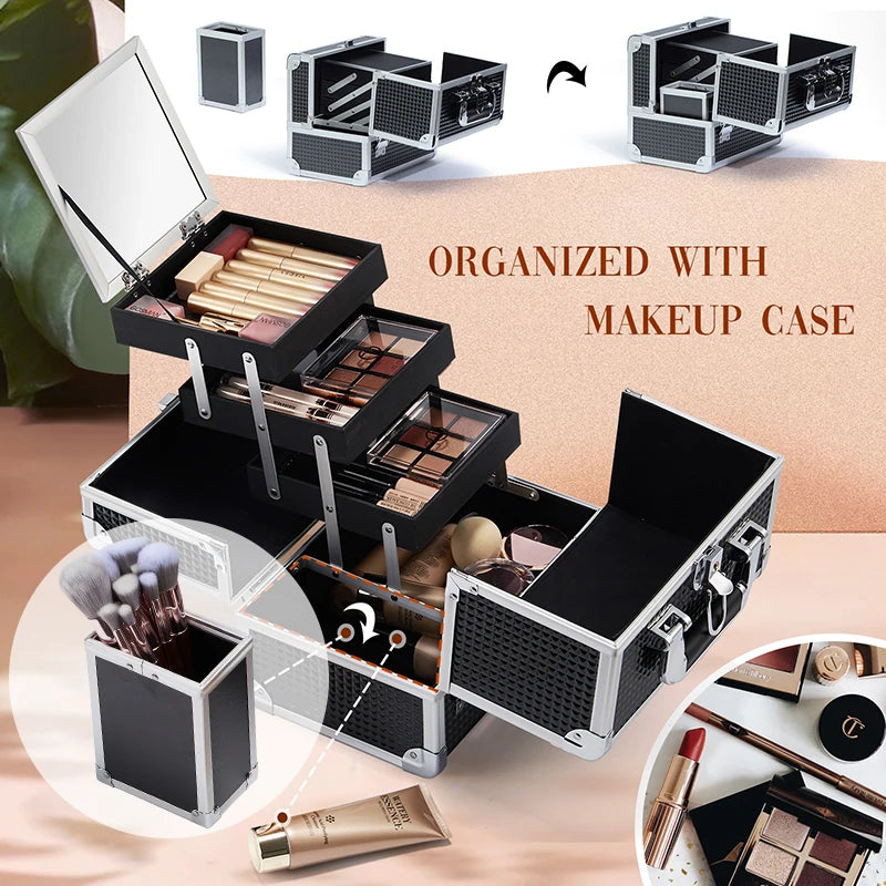 Professional Makeup Suitcase Portable Holder Mirror Lockable.