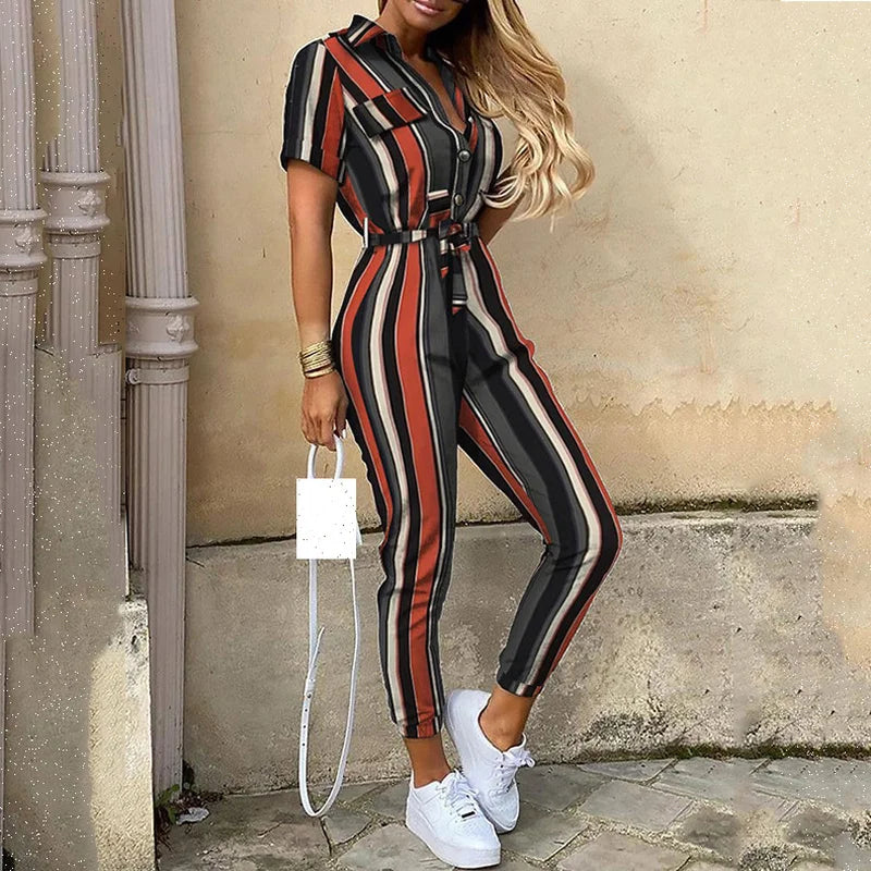 Women Jumpsuits Striped Printed Shorts Sleeve Bodysuits.