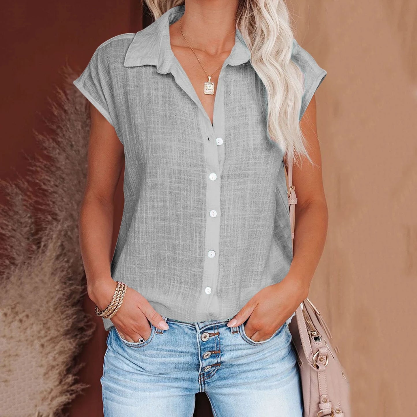 Solid Cotton Linen Shirt Women's Clothing Casual .