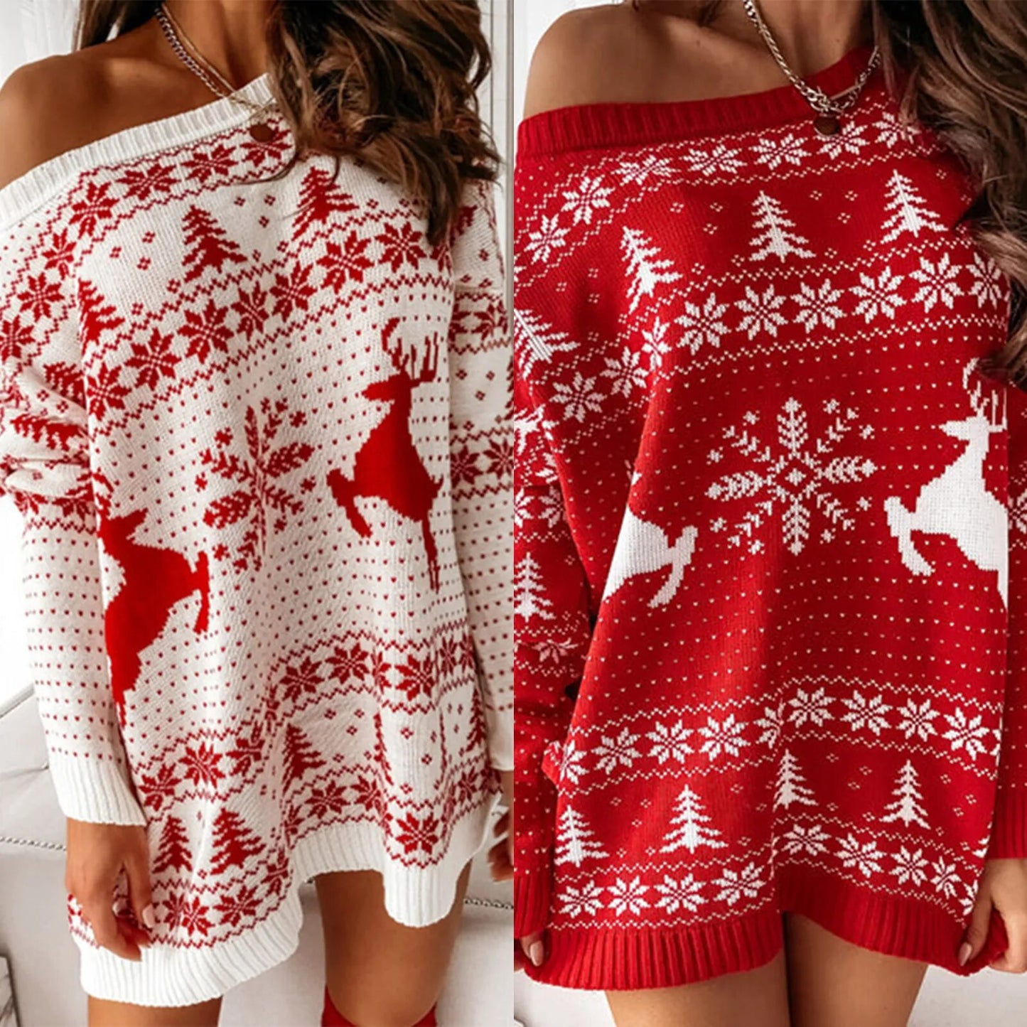 Women Snow Deer Pattern Santa Claus Dress  Winter Robe.