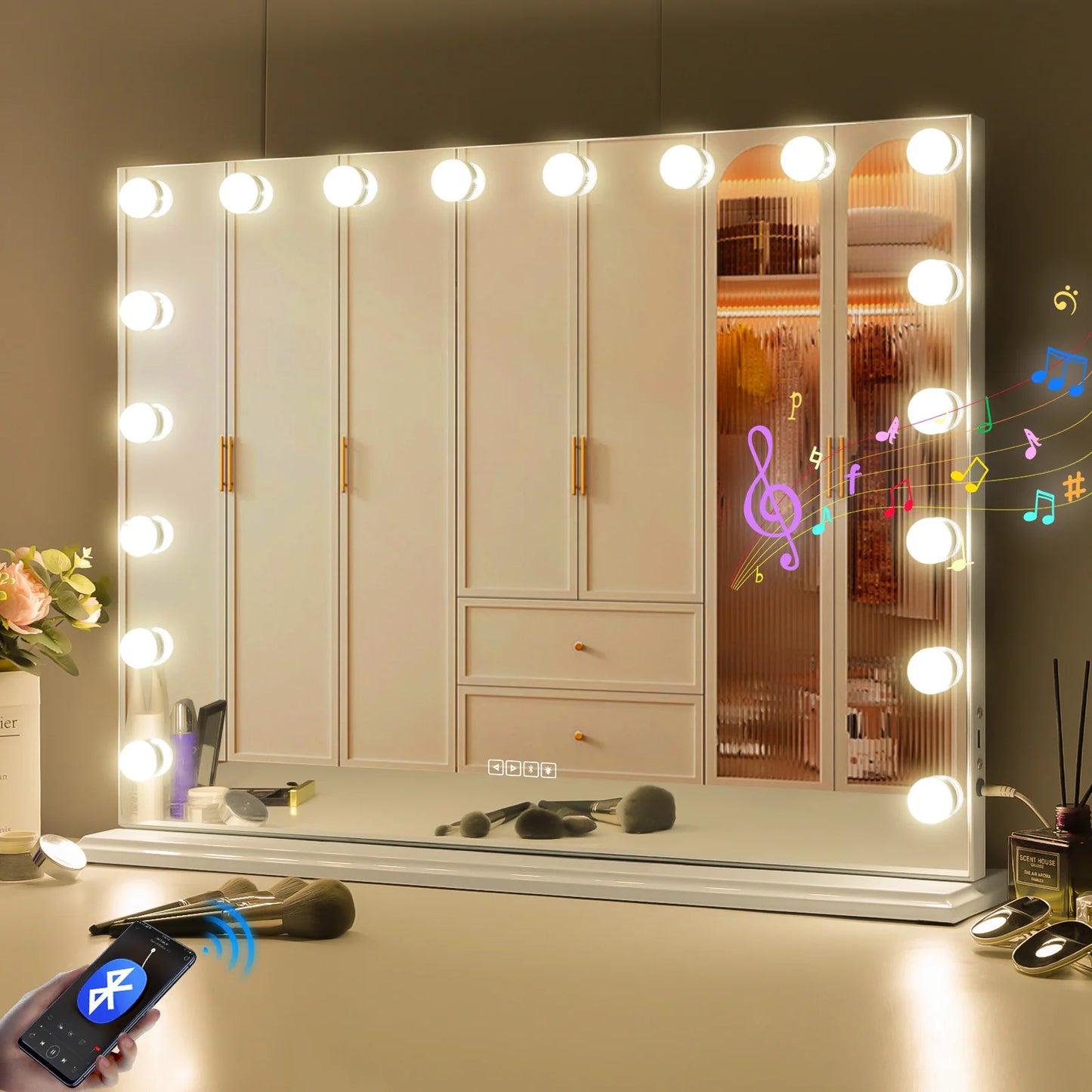 Large Vanity Mirror With Lights And Bluetooth Speakers.