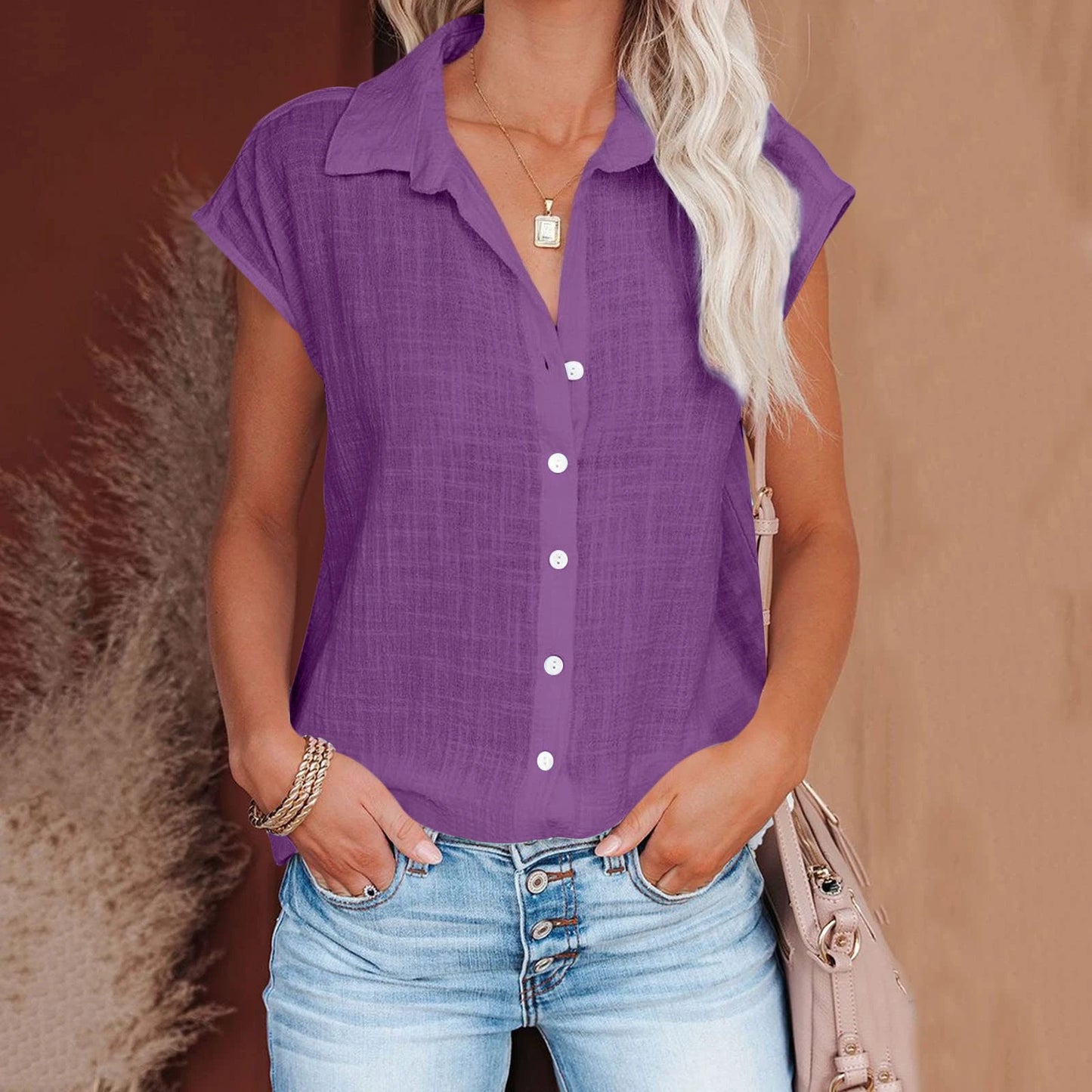Solid Cotton Linen Shirt Women's Clothing Casual .
