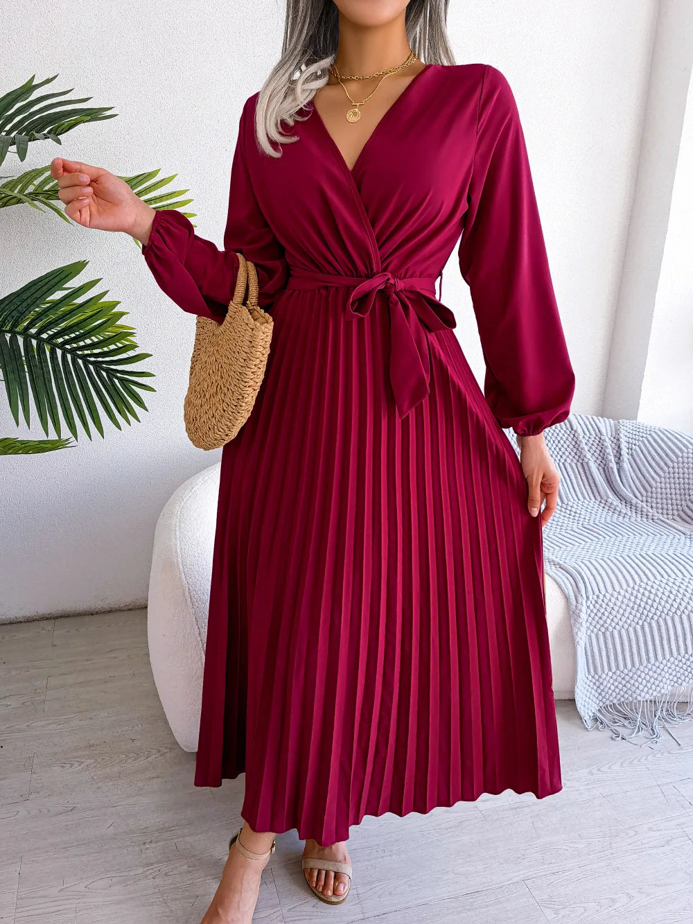 Women Elegant V Neck Long Sleeve Pleated Maxi Dress.