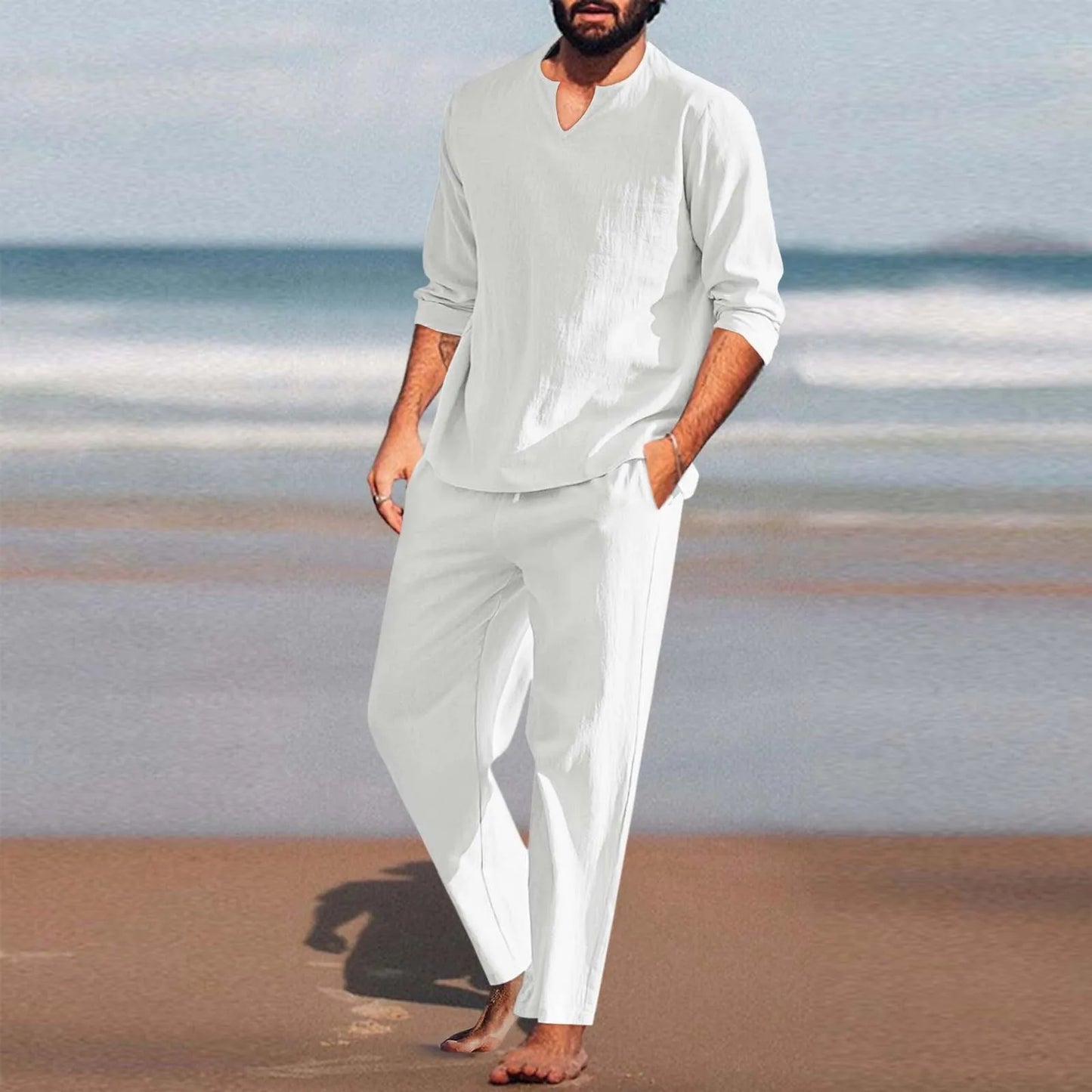 Men's Loose Cotton Linen Two Piece Set Autumn Casual Solid Color 2 Piece Outfit Set Long Sleeve Shirts+Wide Leg Pant Suits.