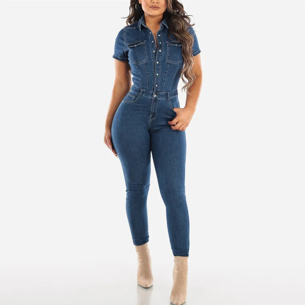 Elegant Denim Jumpsuits Women Casual Button Down .