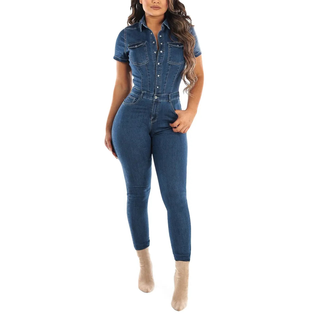 Elegant Denim Jumpsuits Women Casual Button Down .