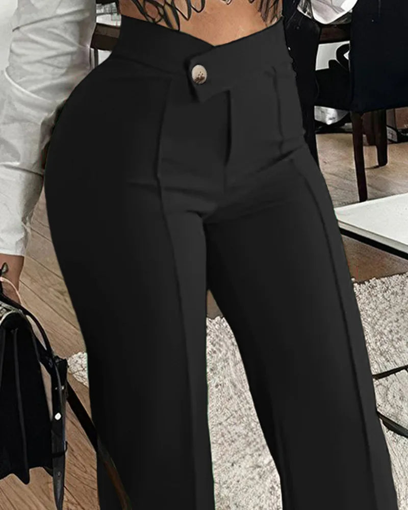 Fashion Slim Straight-leg Pants With Buckle Elegant .