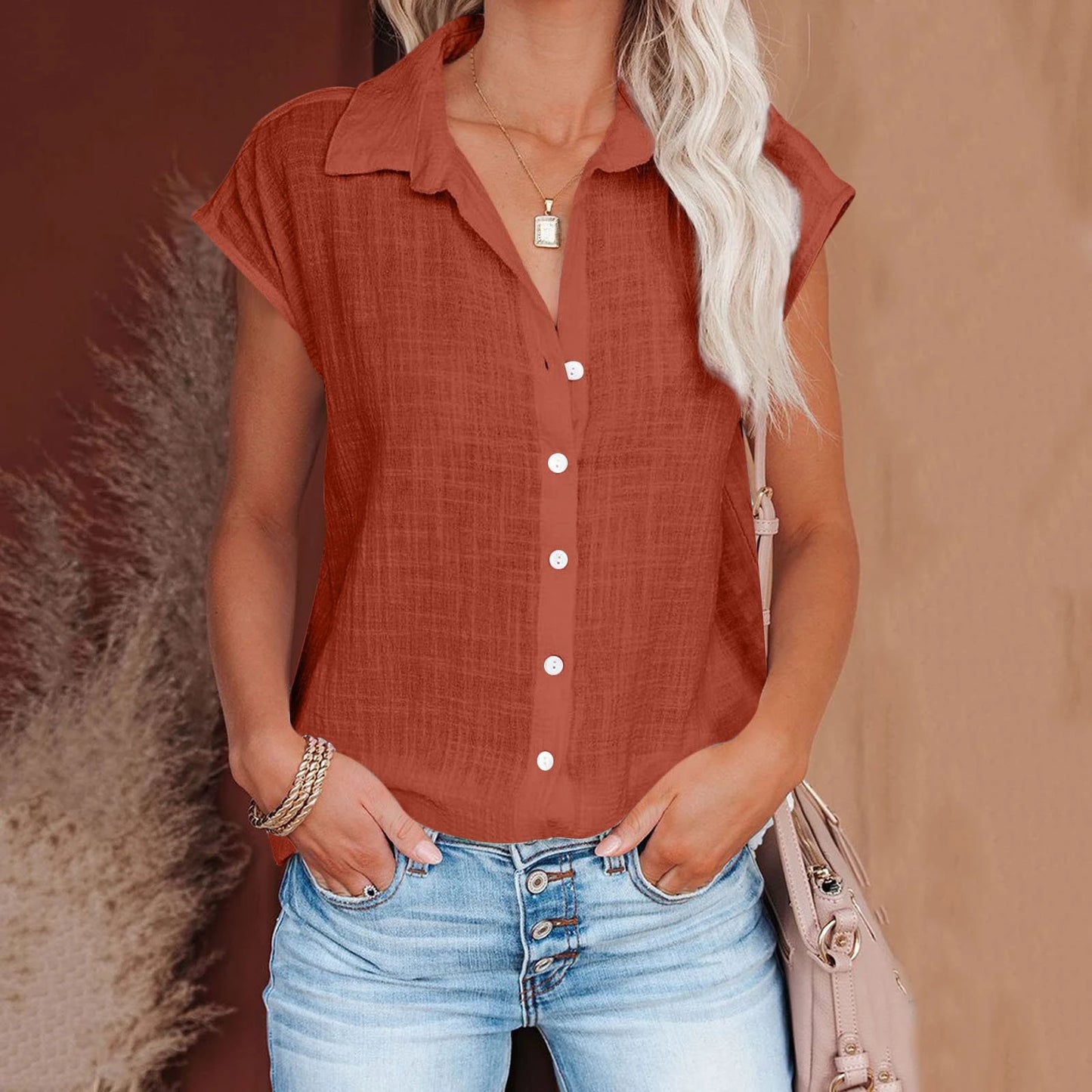 Solid Cotton Linen Shirt Women's Clothing Casual .