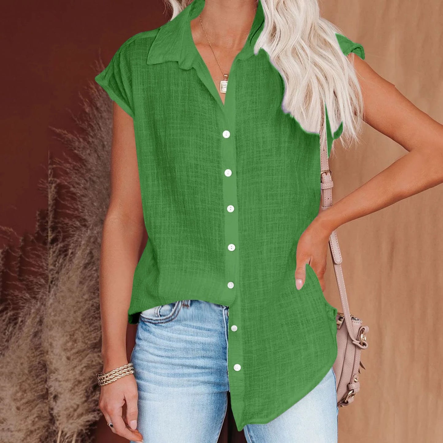 Solid Cotton Linen Shirt Women's Clothing Casual .