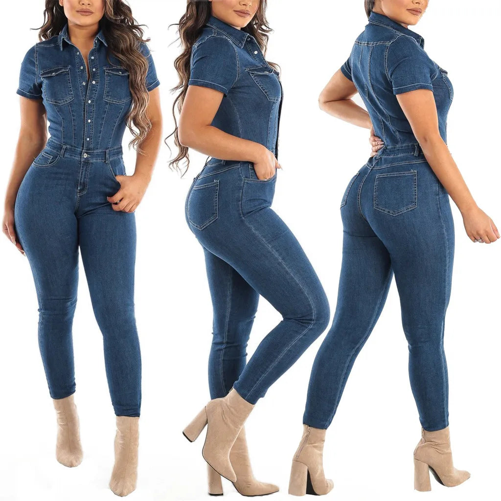 Elegant Denim Jumpsuits Women Casual Button Down .