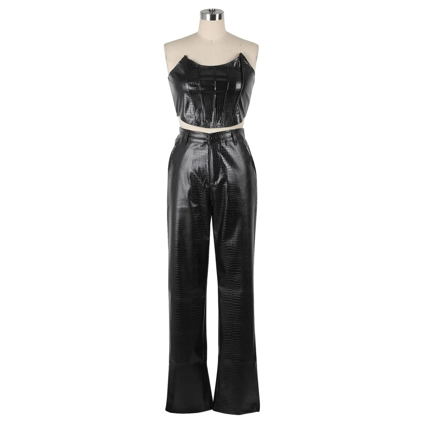 Leather Black Two Piece Set Top and Pants for Women 2024 .