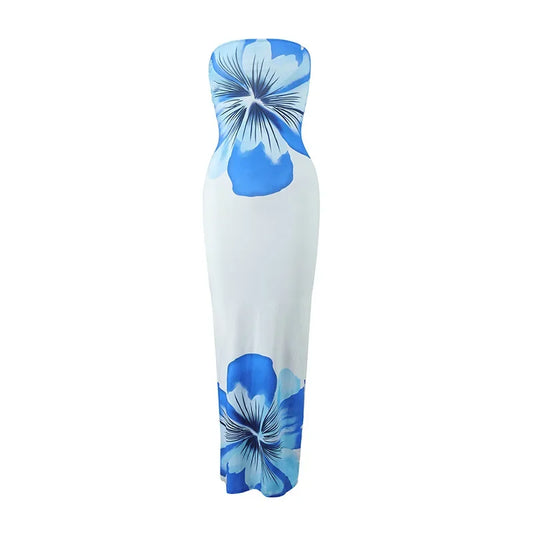 Women's Fashion Sexy Flower Print Strapless Long Dress .