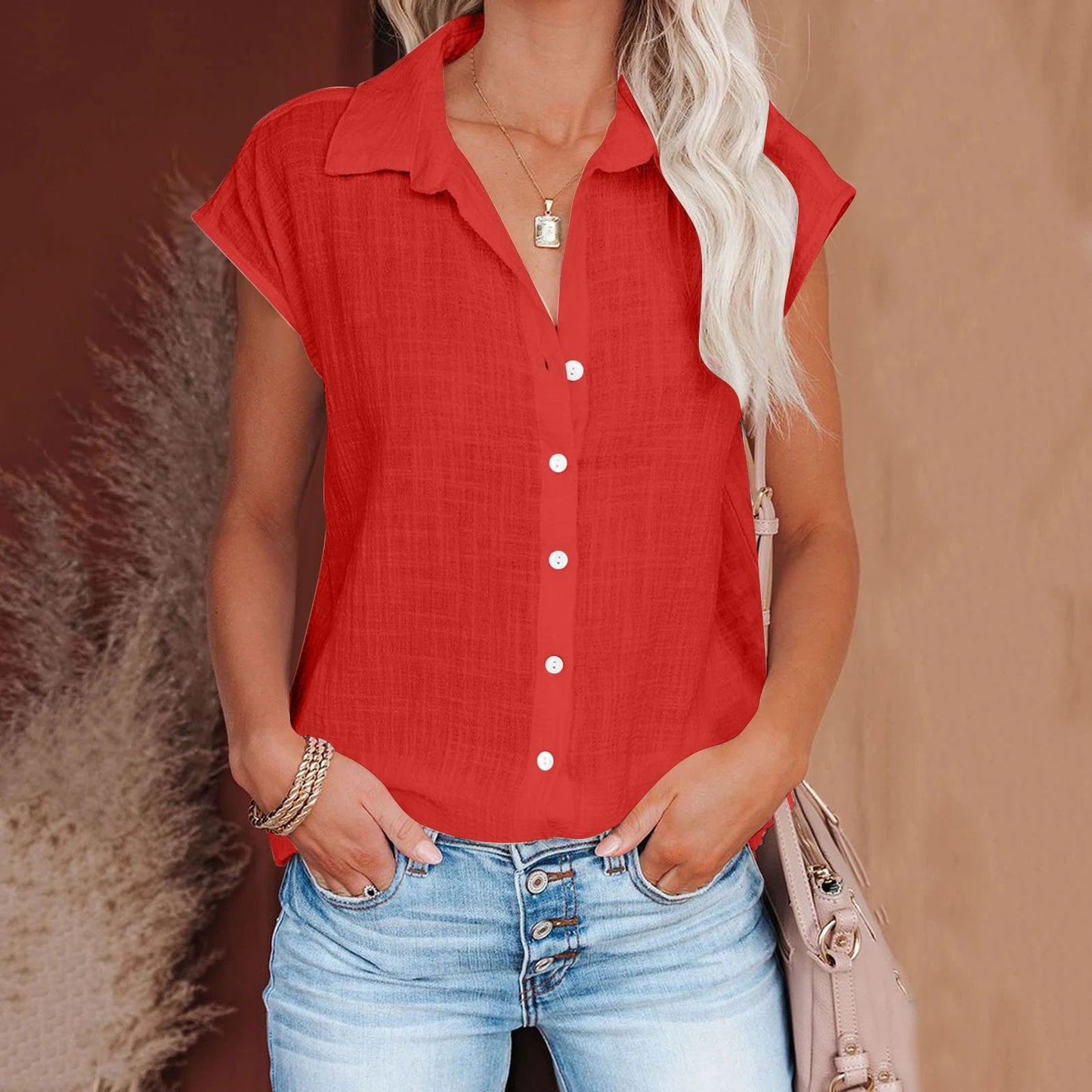 Solid Cotton Linen Shirt Women's Clothing Casual .