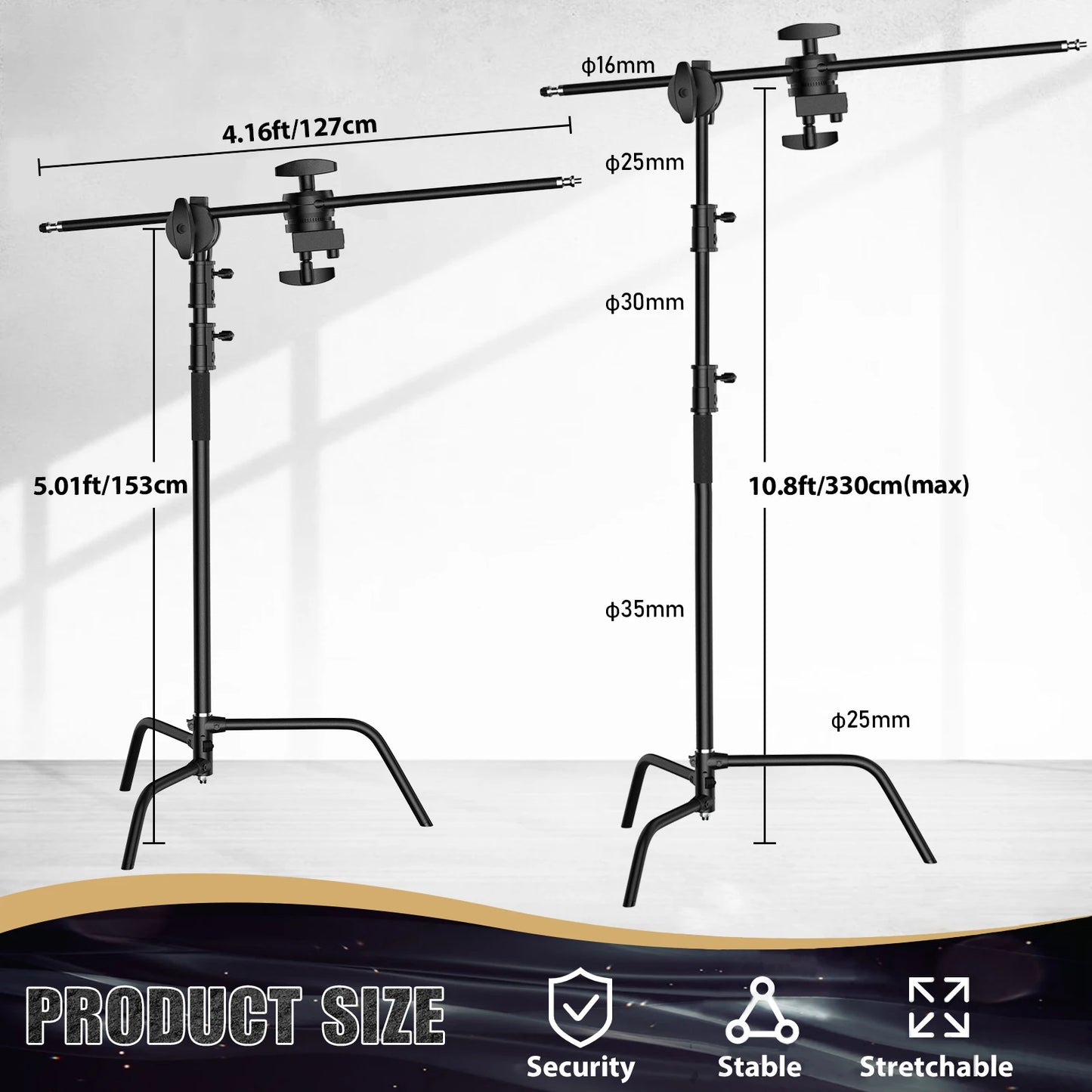 Black Stainless Steel Century Foldable Light Stand .