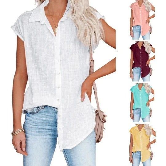 Solid Cotton Linen Shirt Women's Clothing Casual .