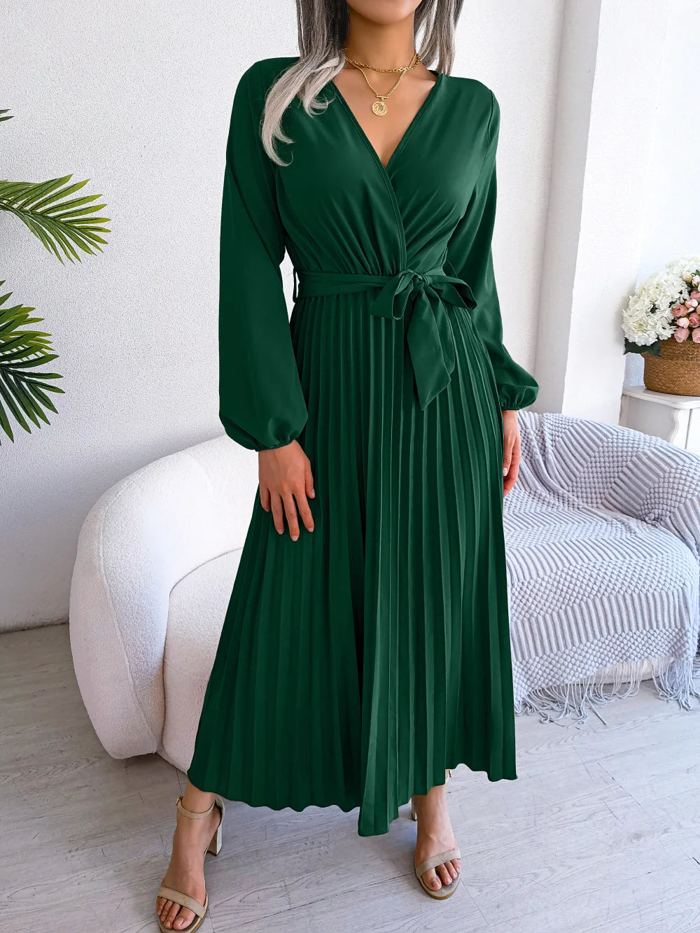 Women Elegant V Neck Long Sleeve Pleated Maxi Dress.