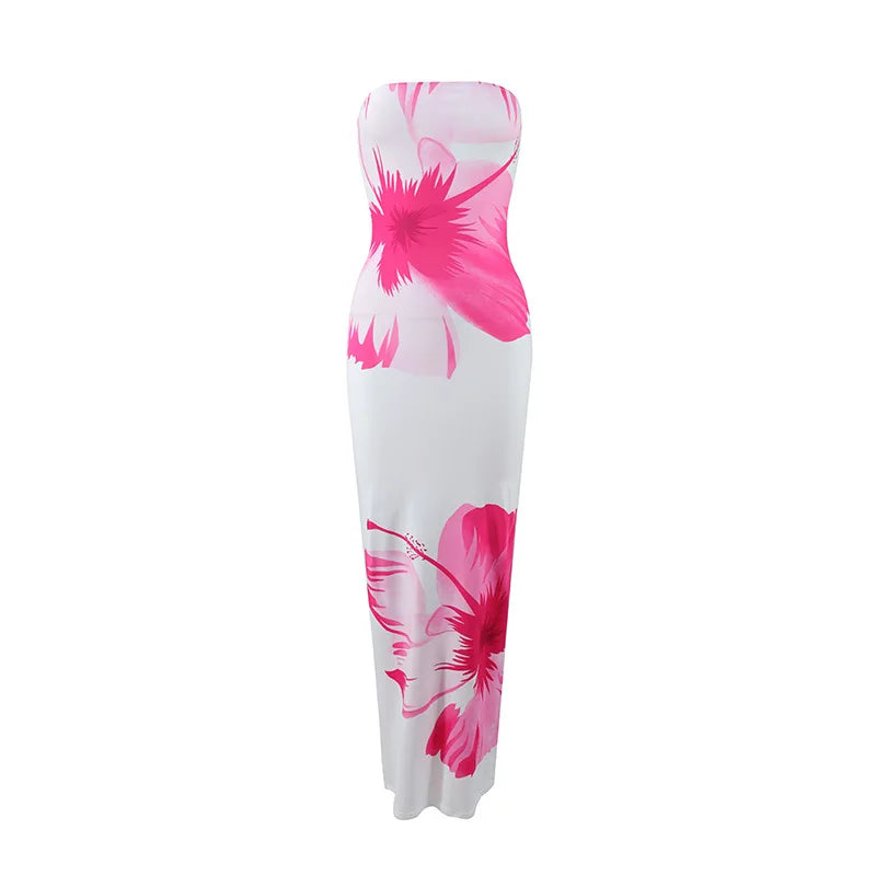 Women's Fashion Sexy Flower Print Strapless Long Dress .