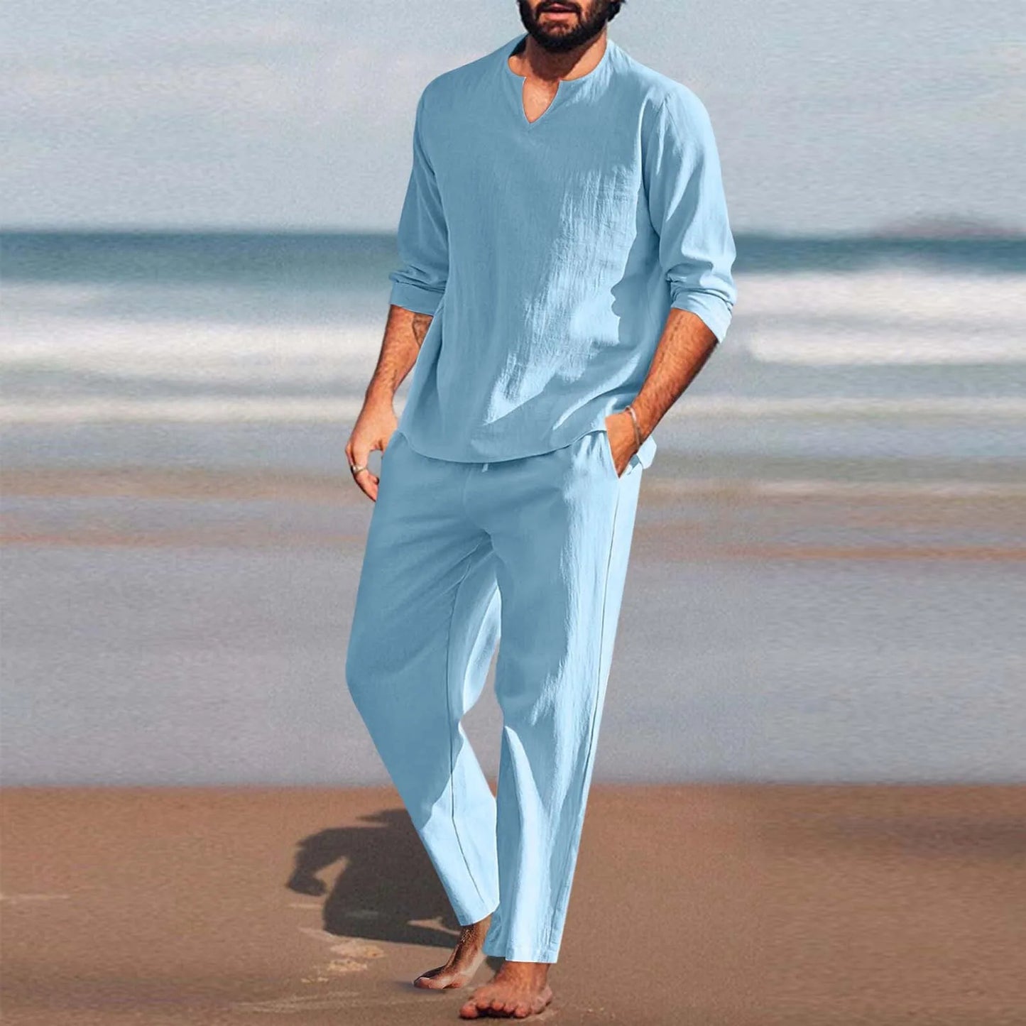 Men's Loose Cotton Linen Two Piece Set Casual.