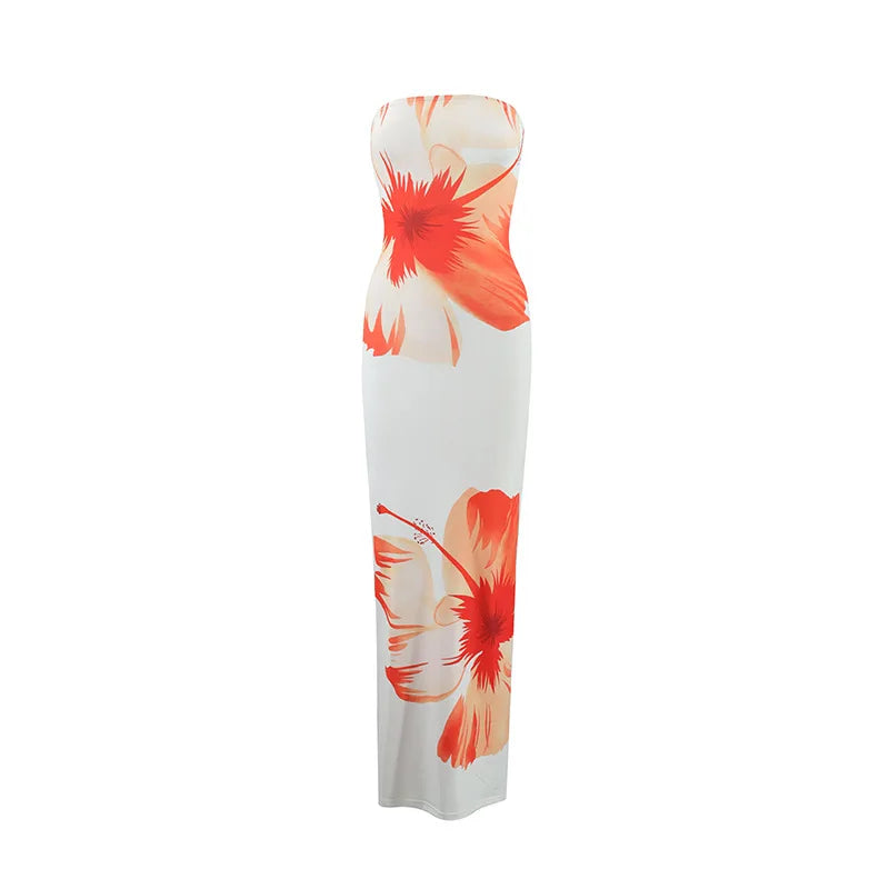 Women's Fashion Sexy Flower Print Strapless Long Dress .