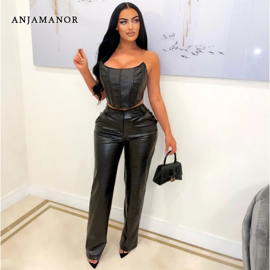 Leather Black Two Piece Set Top and Pants for Women 2024 .