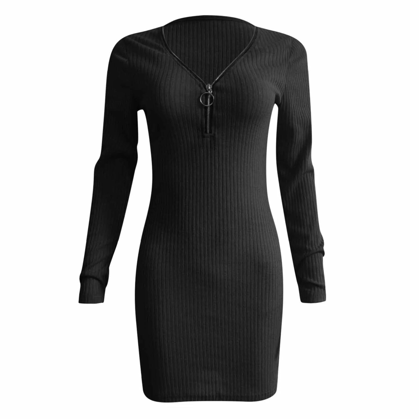 Solid Color Knit Dresses Woman Party Night Zipper V Dresses