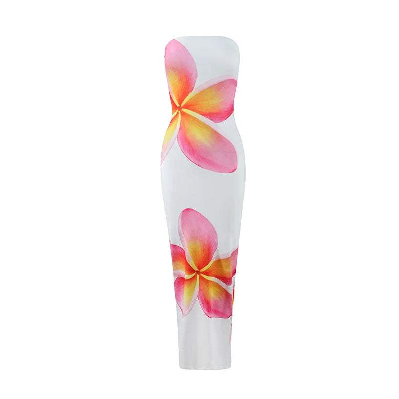 Women's Fashion Sexy Flower Print Strapless Long Dress .